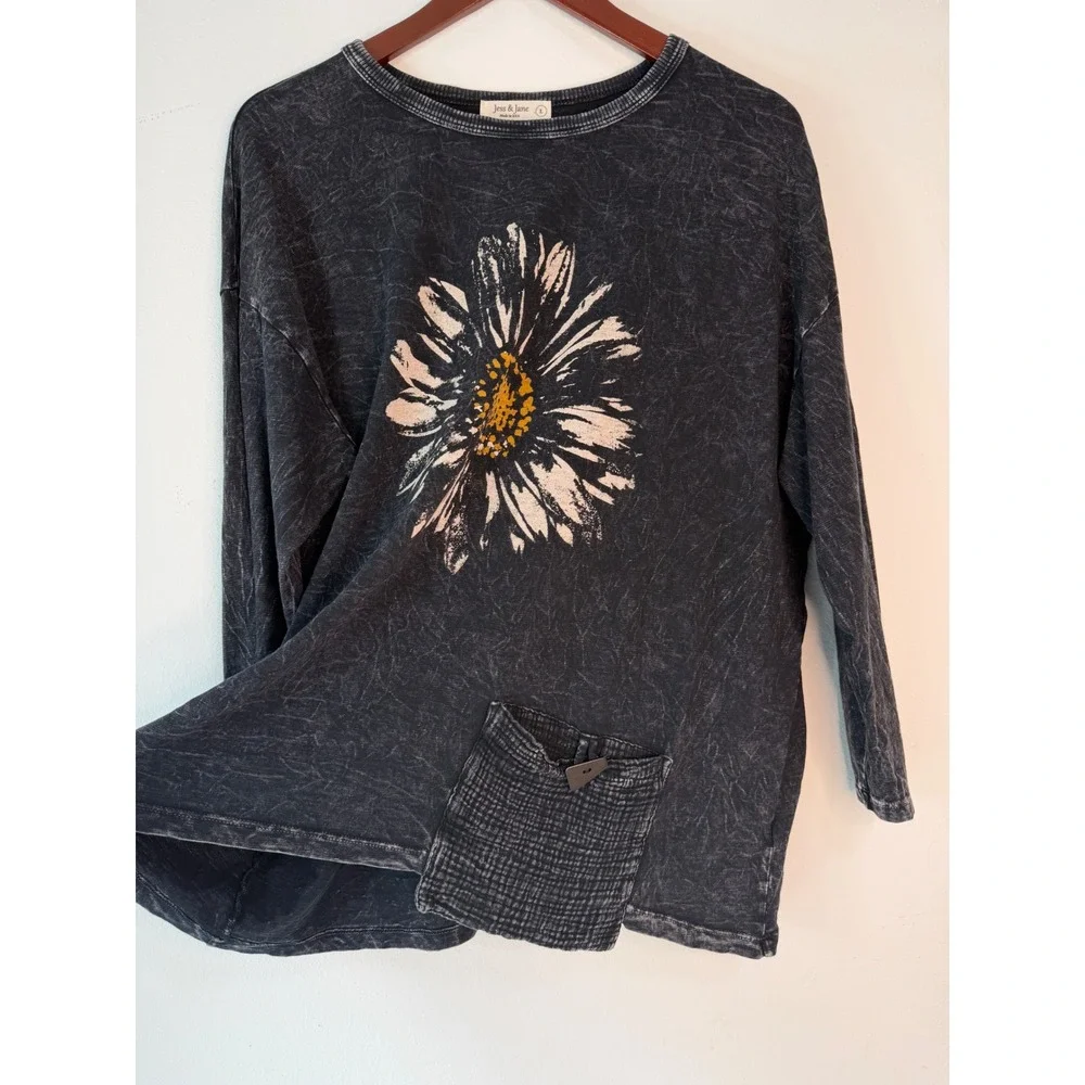 Jess & Jane Black Mineral Washed Daisy Tunic Top Womens Large Boho Lagenlook - Picture 5 of 11